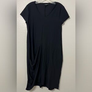 Lisa Bayne Black Ruched Midi Dress Size M Stretch Minimalist Chic Career Capsule